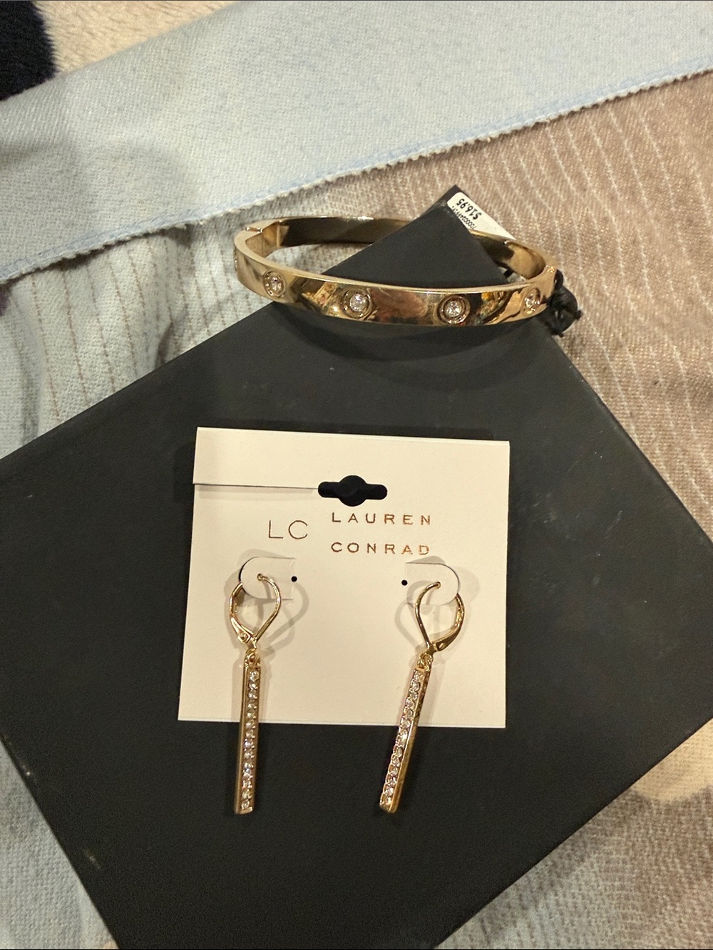 VintageLC Lauren Conrad Gold Crystal Bar Dangle Earrings and lane Bryant bangle